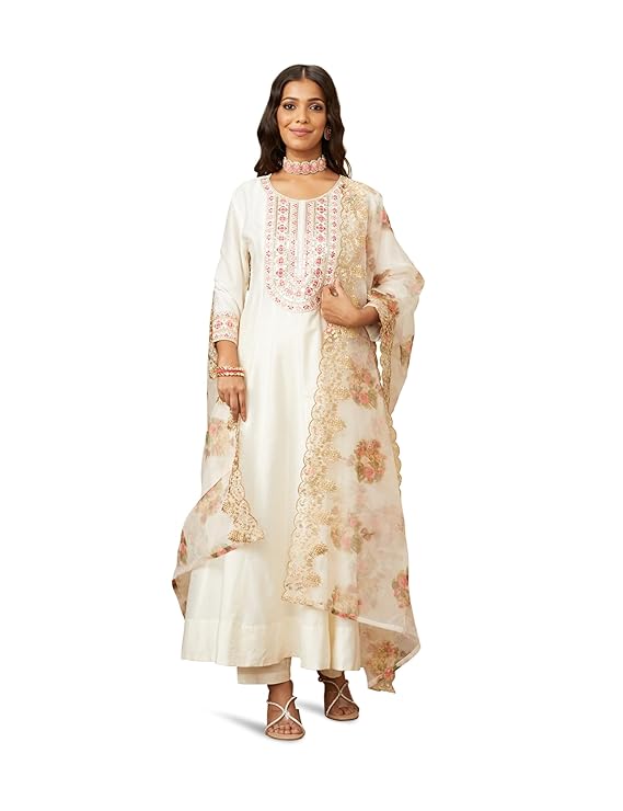 Amazon Brand - Myx Women's Embroidered Anarkali Kurta Pant Set with Organza Dupatta | A-line fit (Available in Plus Sizes)