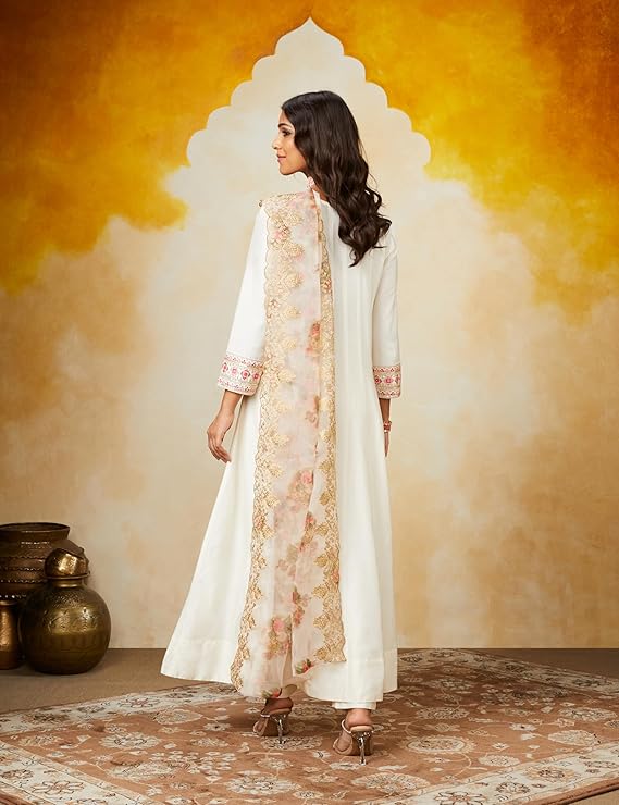 Amazon Brand - Myx Women's Embroidered Anarkali Kurta Pant Set with Organza Dupatta | A-line fit (Available in Plus Sizes)