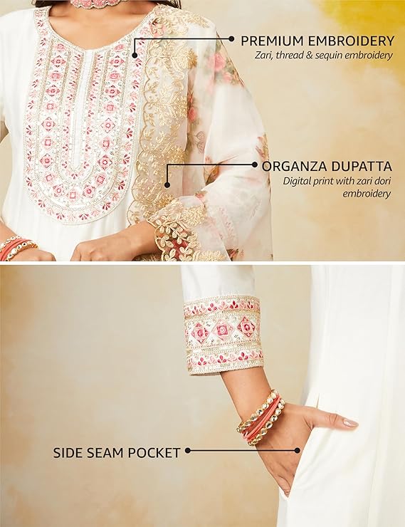 Amazon Brand - Myx Women's Embroidered Anarkali Kurta Pant Set with Organza Dupatta | A-line fit (Available in Plus Sizes)