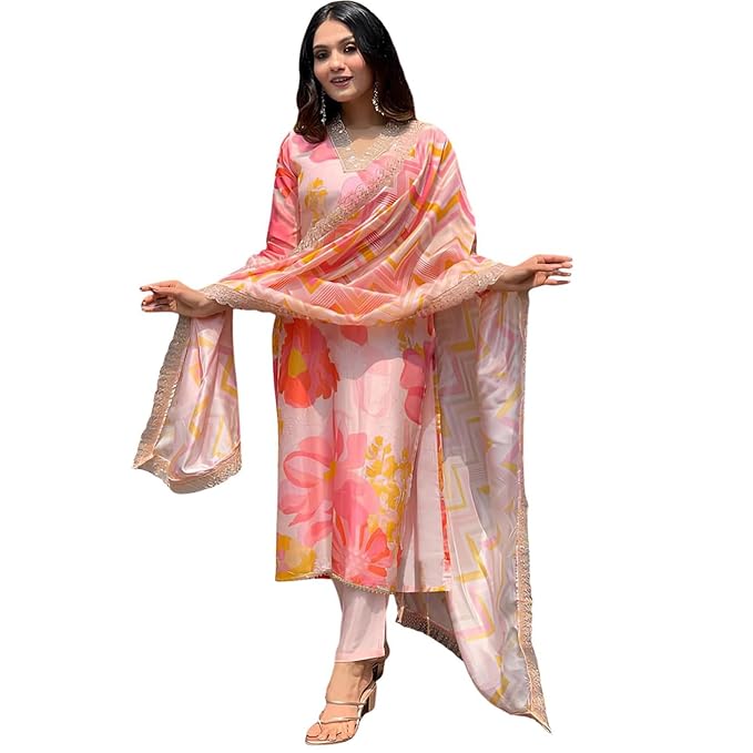 SHIENZY Cotton Blend Embroidered V Neck Kurta Set for Women | Straight Fit Kurta with Pants & Dupatta | Casual Office Wear Ethnic Kurti for Women