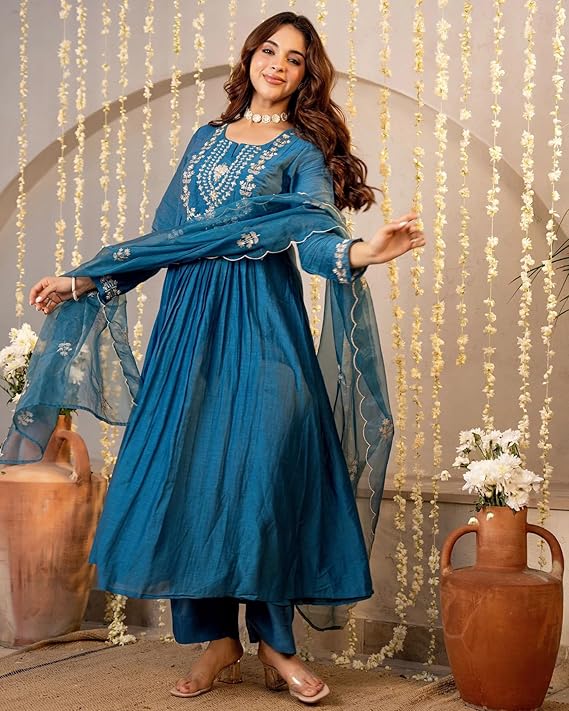 Nermosa Women Embroidery Solid A-Line Kurta and Pant Set with Dupatta