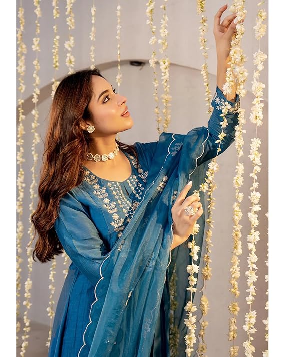 Nermosa Women Embroidery Solid A-Line Kurta and Pant Set with Dupatta