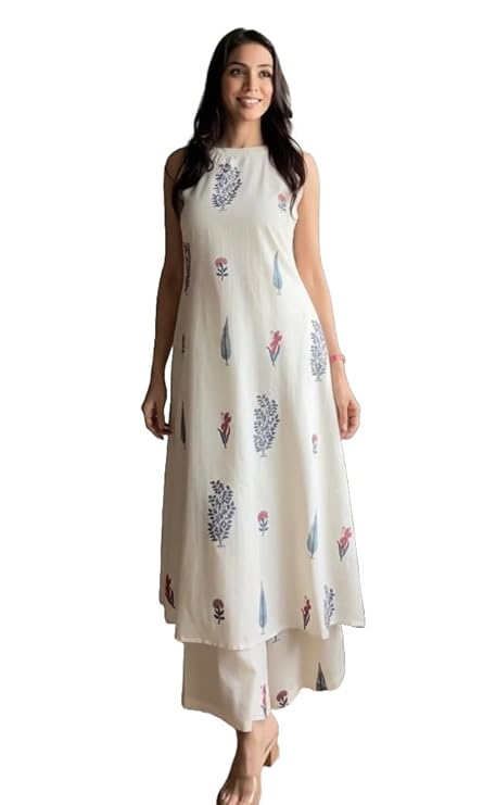 Klosia Women Pure Cotton Kurta Palazzo Set | Sleeveless Printed Kurta with Palazzo Pants | Summer Friendly, Office Wear Co-Ord Set