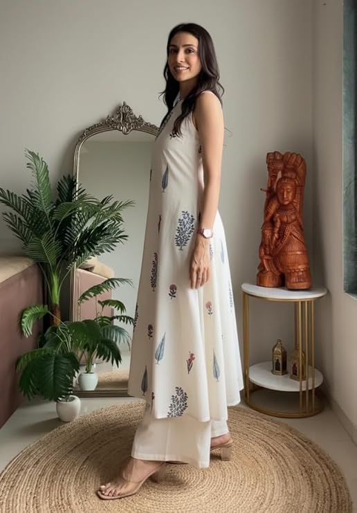 Klosia Women Pure Cotton Kurta Palazzo Set | Sleeveless Printed Kurta with Palazzo Pants | Summer Friendly, Office Wear Co-Ord Set