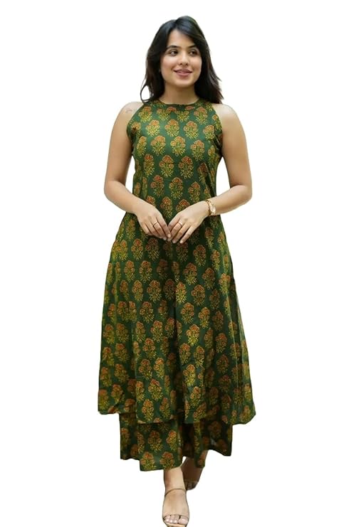 Nermosa Women Pure Cotton Kurta Palazzo Set | Sleeveless Printed Kurta with Palazzo Pants | Summer Friendly, Office Wear Co-Ord Set
