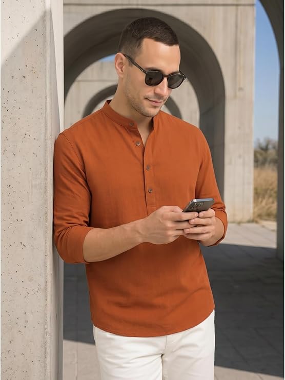 DEELMO Men's Cotton Blend Solid Regular Fit Full Sleeve Short Kurta | Men's Trendy Short Kurta