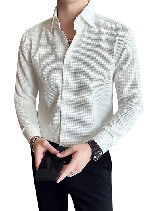 GRECIILOOKS Men's Formal Button Down Shirt – Slim Fit Shirt's for Men | Textured Long Sleeve Polycotton| Business & Meeting Ready (Available in Plus Size)