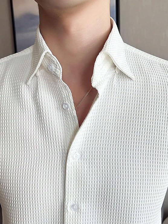 GRECIILOOKS Men's Formal Button Down Shirt – Slim Fit Shirt's for Men | Textured Long Sleeve Polycotton| Business & Meeting Ready (Available in Plus Size)